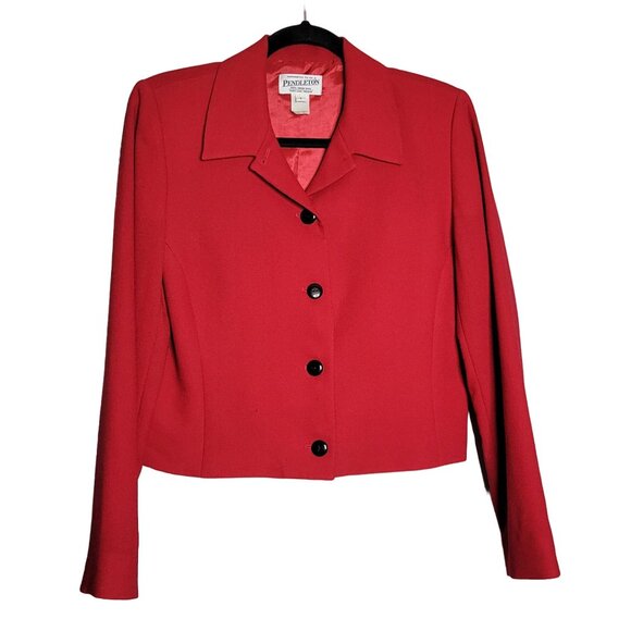 Pendleton Women's 6 Blazer Jacket Red Cropped Virgin Wool Button Up Shoulder Pad - Picture 1 of 6